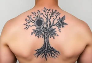 Tree with roots, sunflower, rose, and bird tattoo idea