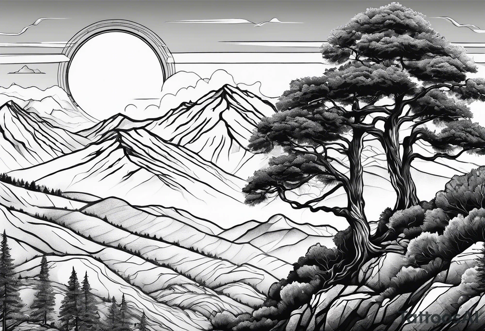 large trees in the front with mountain sides and sun tattoo idea