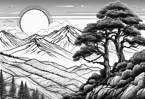 large trees in the front with mountain sides and sun tattoo idea
