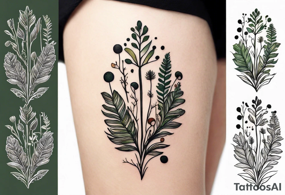 forest floor inspired minimalist tattoo, which includes grass, curly ferns, moss and dead leaves as the bulk of the tattoo. details to include: forest berries, a tiny bumblebee flying nearby, three small brown mushrooms
Generate a vertically long one tattoo idea