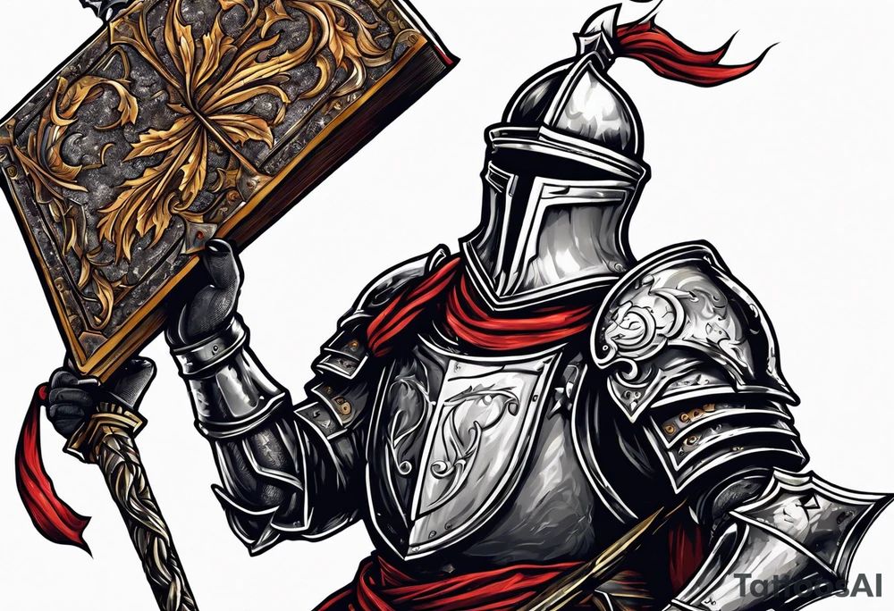 knight holding a bible over his head in combat with both hands tattoo idea