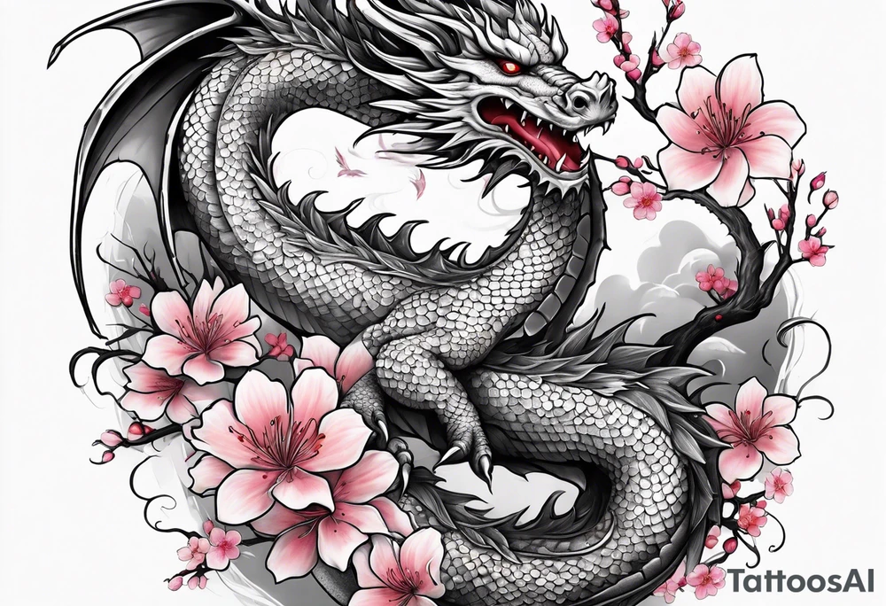 A dragon with wings covered in cherry blossoms on the thigh tattoo idea