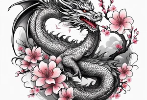 A dragon with wings covered in cherry blossoms on the thigh tattoo idea