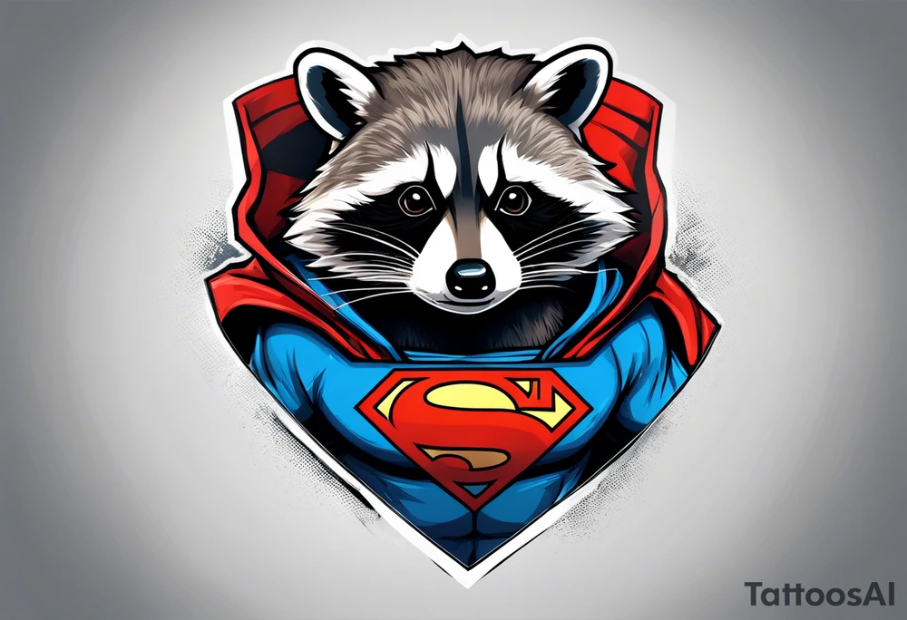 raccoon wearing a Superman hoodie tattoo idea