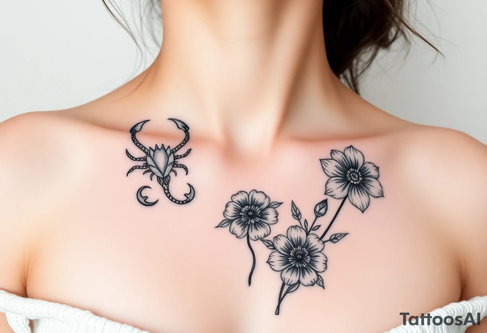 A medium tattoo including the Scorpio constellation , the Virgo constellation as well as the flowers associated with October & September into one thing tattoo idea
