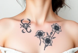 A medium tattoo including the Scorpio constellation , the Virgo constellation as well as the flowers associated with October & September into one thing tattoo idea