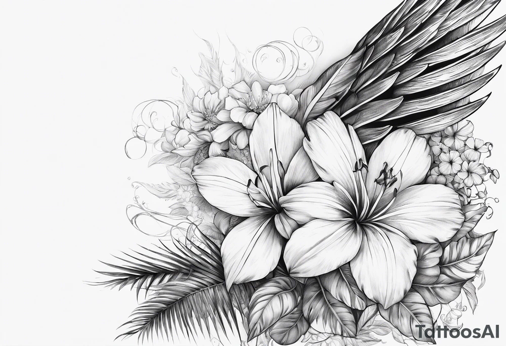 wing angel, flower, palm, sea tattoo idea