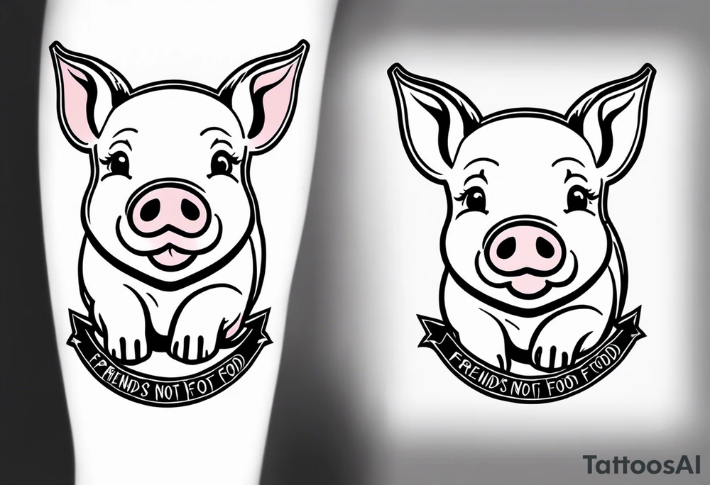 cute pig or piglet.
with text: "friends not food" tattoo idea cute pig or piglet.
with text: "friends not food" tattoo idea