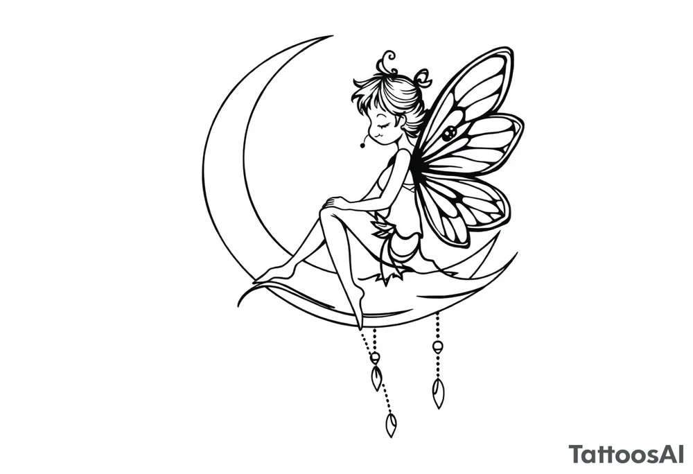 Fairy sitting on moon with dangles solid black tattoo idea