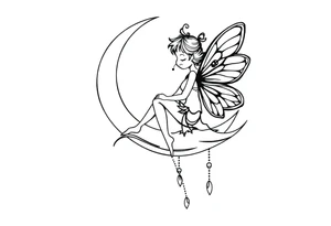 Fairy sitting on moon with dangles solid black tattoo idea