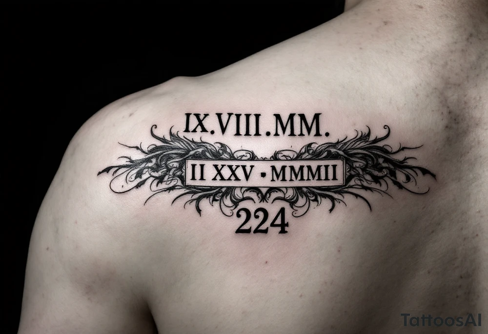 IX.VII.MM. and II.XXV.MMII with a space between them, along with the number 224 tattoo idea