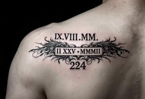 IX.VII.MM. and II.XXV.MMII with a space between them, along with the number 224 tattoo idea