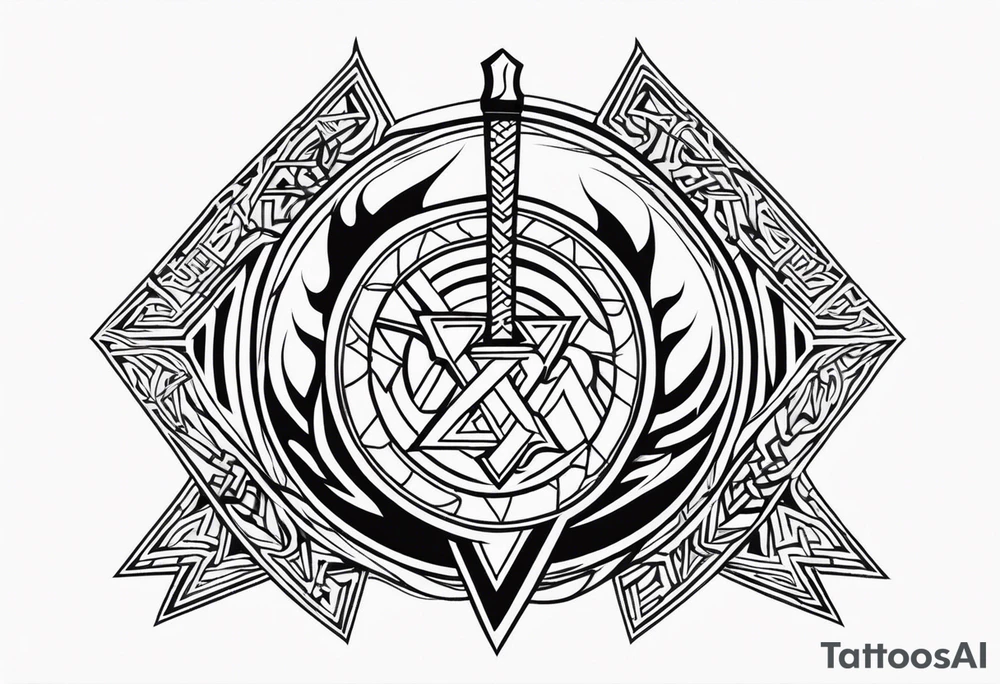 Valhalla 
Sword shield valknut  axe fire tattoo idea