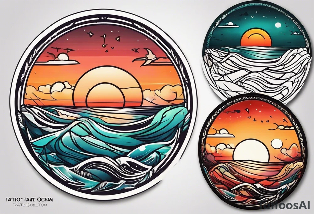 Round tattoo, inside sunset and ocean drawing with retro look tattoo idea