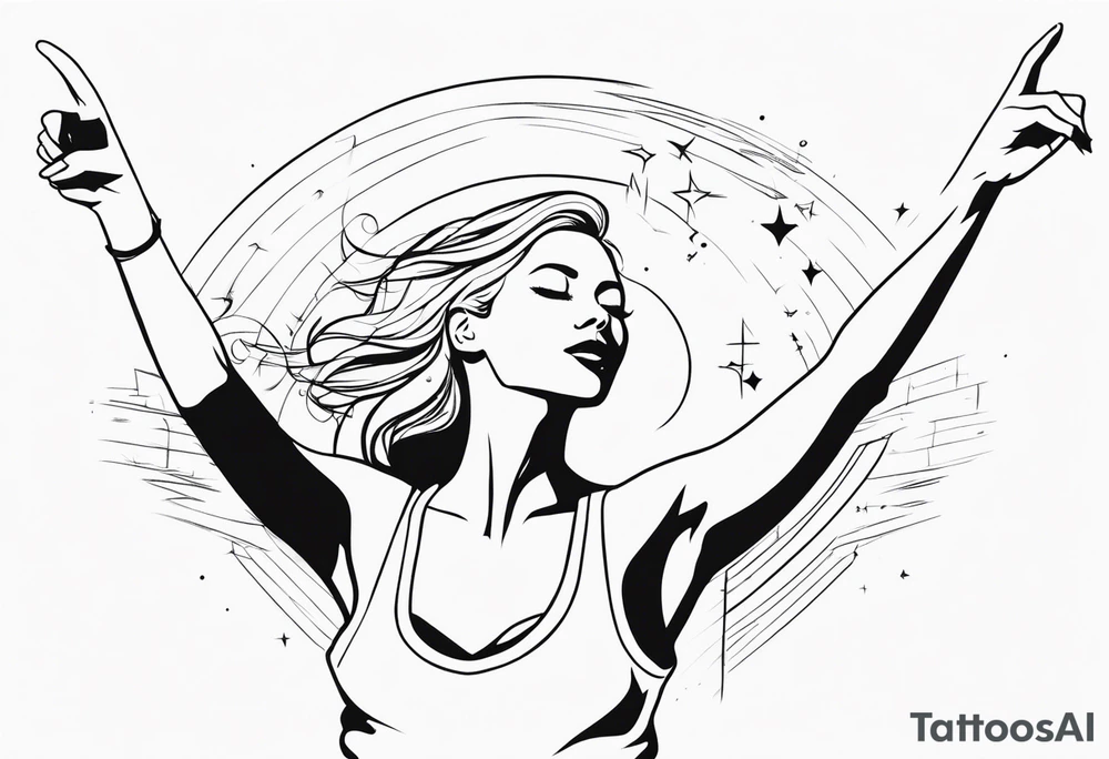 Woman on a dancefloor pointing her fingers up in the sky tattoo idea