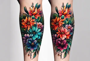 long vertical tattoo to cover my whole shin showing two separate flower stems wrapped around each other, I want a long stem to shower them intertwined tattoo idea
