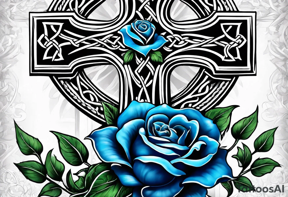 Celtic cross impaled by a blue rose tattoo idea