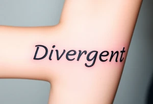 The word "Divergent" written in futuristic metallic font, with a glitch effect to symbolize breaking systems tattoo idea