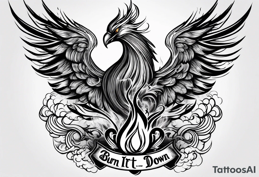 Bold text "BURN IT DOWN" engulfed with flames and smoke of a phoenix tattoo idea