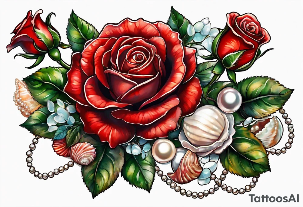 Red roses with a chain made of pearls and seashells tattoo idea