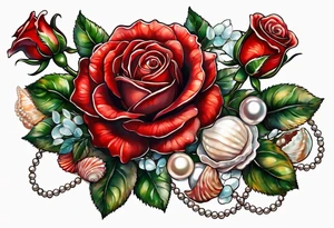 Red roses with a chain made of pearls and seashells tattoo idea