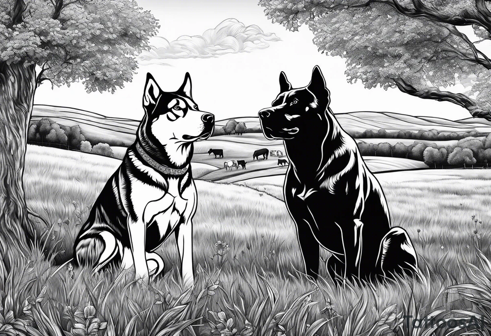 husky and pitbull looking at cow pasture tattoo idea