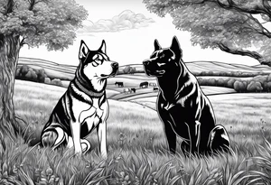 husky and pitbull looking at cow pasture tattoo idea