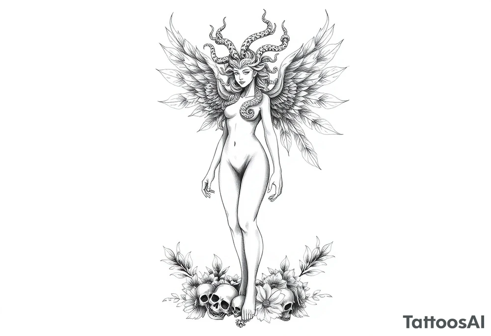 Ethereal Medusa standing.She has snakes for hair phoenix wings. She is beautiful and feminine. Surrounded by flowers and standing with skulls at her feet. Symbolic of resilience, transformation and inner strength. tattoo idea