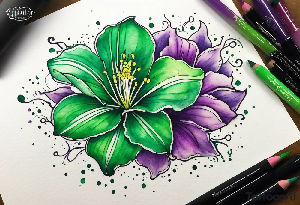 An outline of an only green rio dipladenia flower and a green and purple watercolor splash in the background tattoo idea