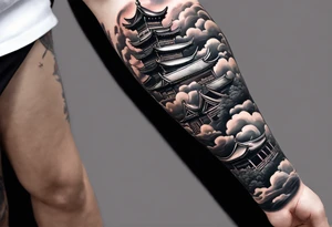 realistic forearm sleeve of money,kids, clouds,journey, bible verses, ninja style tattoo idea