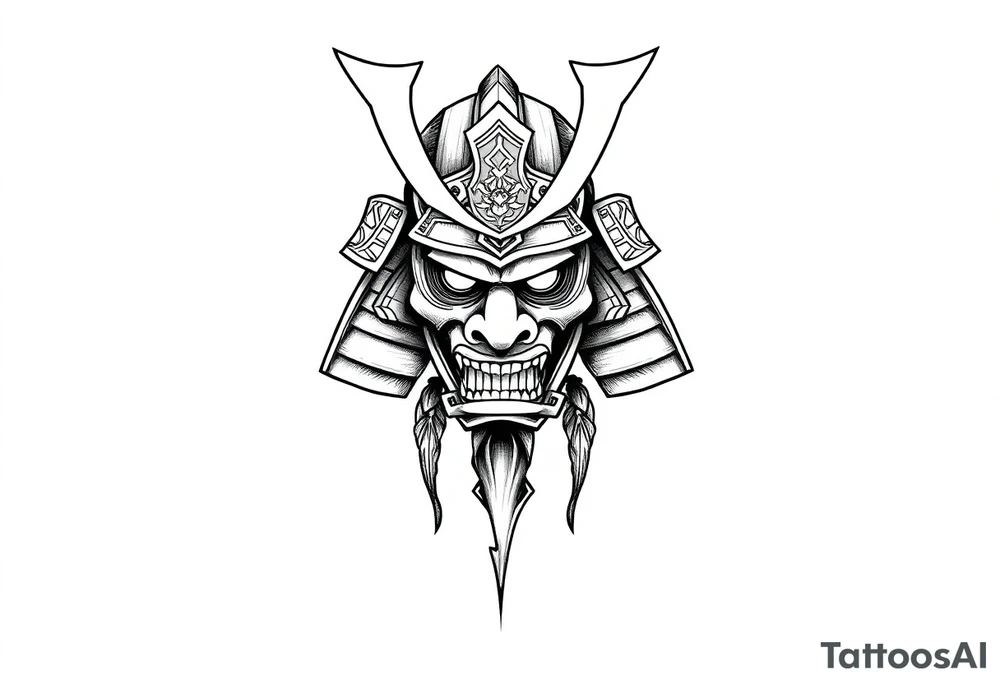 Samurai helmet tattoo design, Japanese style, black and grey ink, highly detailed, bold linework, symmetrical layout, traditional armor, ornamental patterns, forearm placement, minimal background, warrior spirit, sketch style tattoo idea