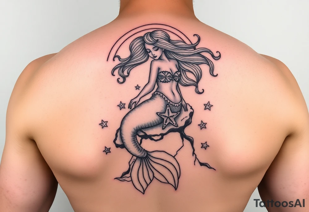 Beautiful mermaid on a rock with rainbow with a sea star bra and rainbow hair in a lagoon tattoo idea