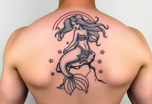 Beautiful mermaid on a rock with rainbow with a sea star bra and rainbow hair in a lagoon tattoo idea