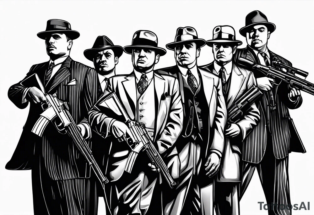 group of gangsters standing together including Al Capone, John Dillinger, Machine Gun Kelley, Bonnie and Clyde along with tommy guns, gatling gun and sawed off shot guns with bullets flying tattoo idea