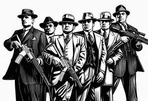 group of gangsters standing together including Al Capone, John Dillinger, Machine Gun Kelley, Bonnie and Clyde along with tommy guns, gatling gun and sawed off shot guns with bullets flying tattoo idea
