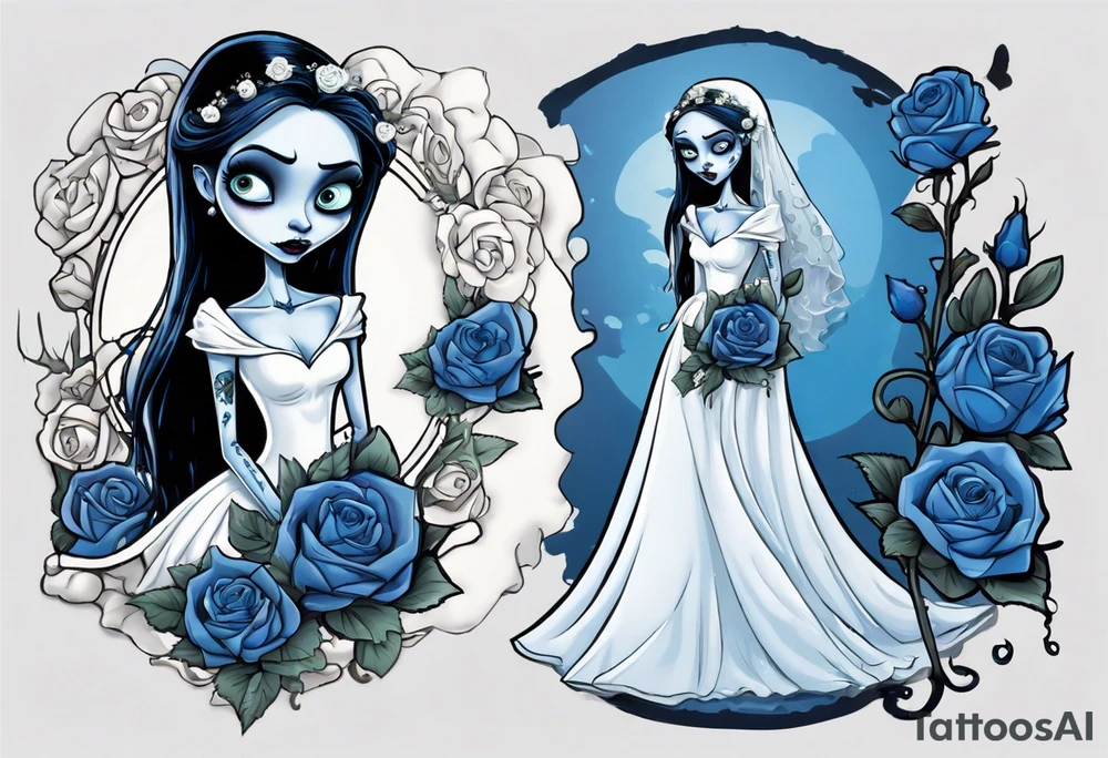 corpse bride Emily wearing a wedding dress she is holding a blue rose bouquet of flowers. one white daisy in the middle of the bouquet. one blue butterfly. A full moon on the background. full grown tattoo idea