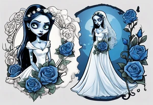 corpse bride Emily wearing a wedding dress she is holding a blue rose bouquet of flowers. one white daisy in the middle of the bouquet. one blue butterfly. A full moon on the background. full grown tattoo idea