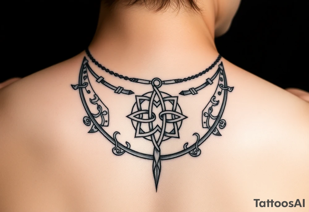create a asatru norse choker necklace for a neck tattoo on a female with the runes love and protection and self love in it and a nordic knot in the middle tattoo idea