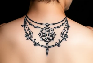 create a asatru norse choker necklace for a neck tattoo on a female with the runes love and protection and self love in it and a nordic knot in the middle tattoo idea