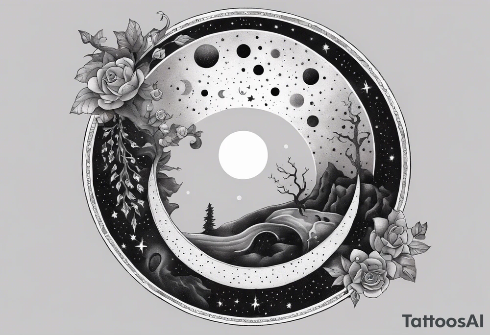 Snakes slithering around the moon phases with hades and Persephone constellations tattoo idea