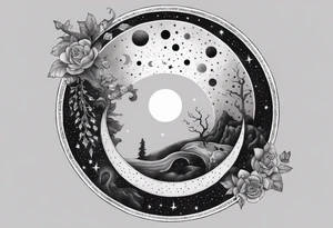 Snakes slithering around the moon phases with hades and Persephone constellations tattoo idea