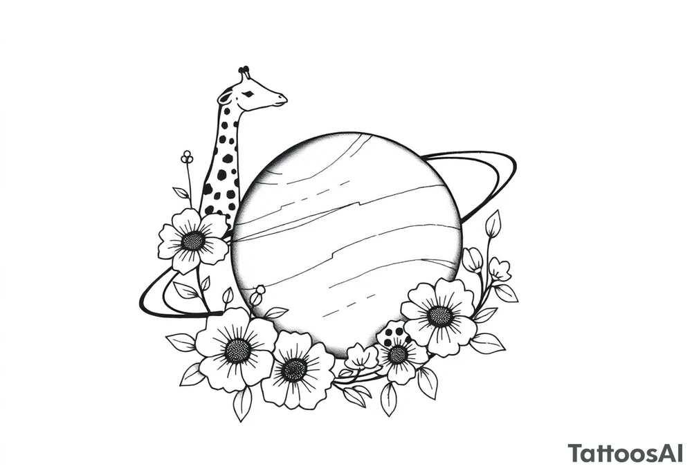 Saturn with a giraffe and marigold flowers tattoo idea