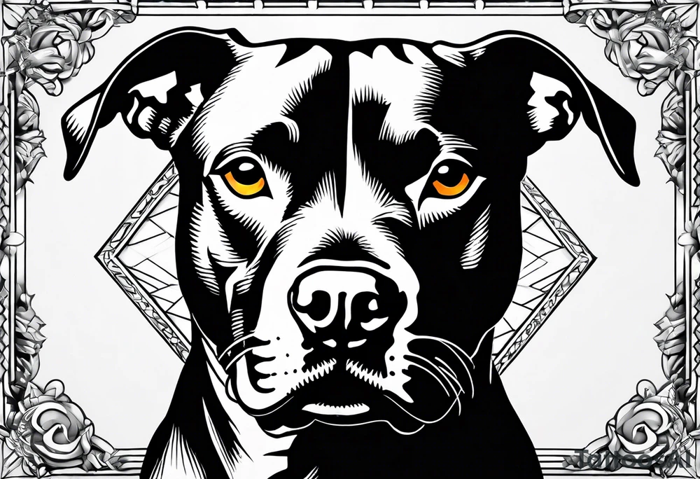 create a tattoo of a realistic pitbull dog in a diamond border. Add subtle trees around the background. tattoo idea