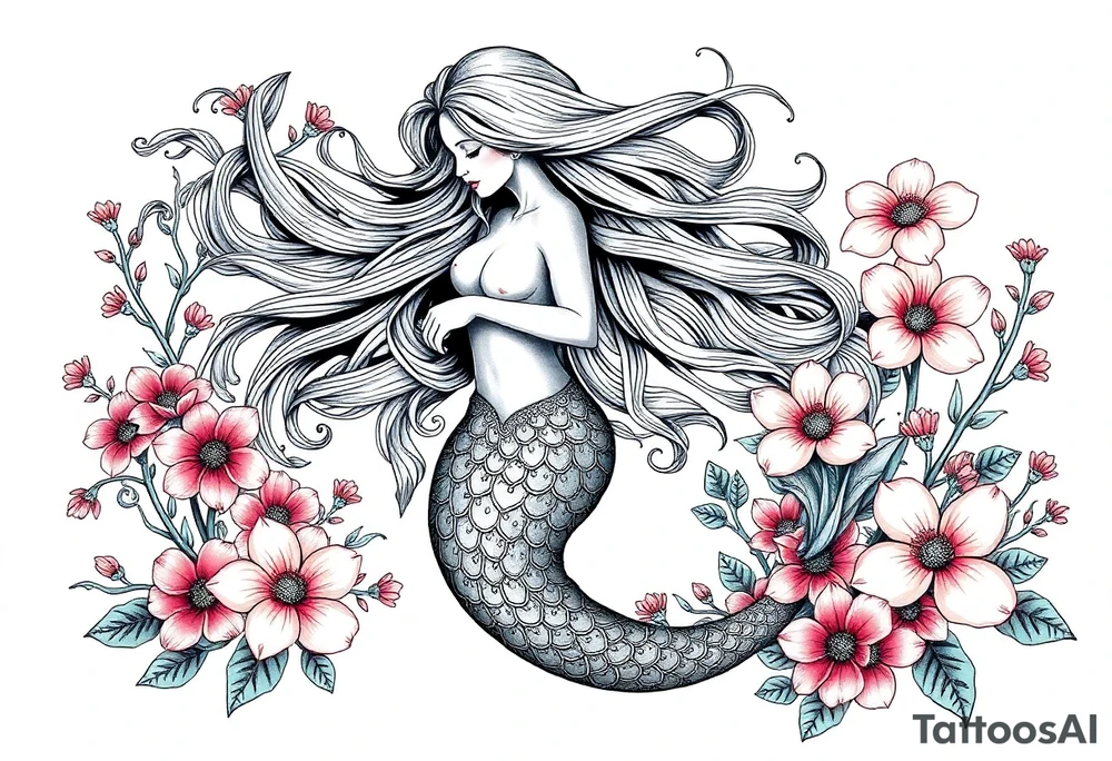 ethereal mermaid with flowing hair among coral and sea flowers tattoo idea