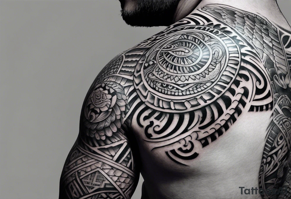 Full Polynesian tribal sleeve with turtle on top on arm tattoo idea