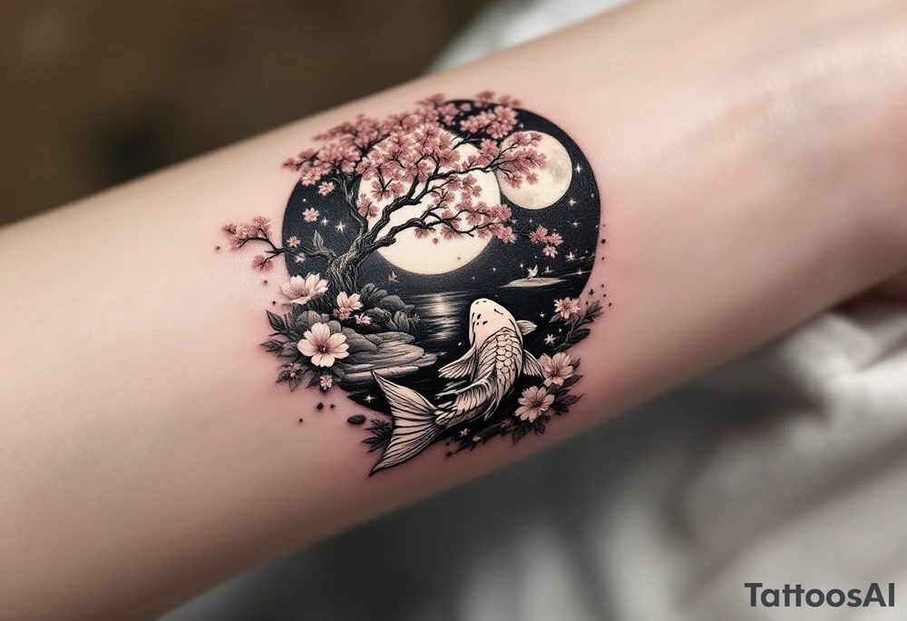 a koi fish swimming upstream in a pond moonlight by the full moon with a sakura tree by the pond surrounded by lighting tattoo idea