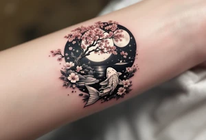 a koi fish swimming upstream in a pond moonlight by the full moon with a sakura tree by the pond surrounded by lighting tattoo idea