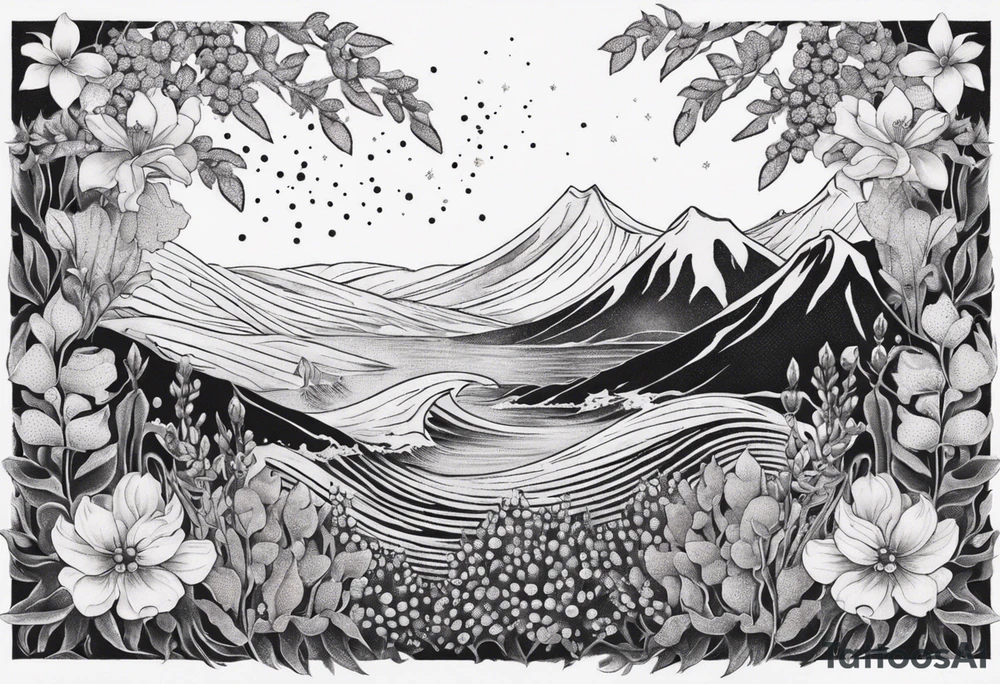 ocean wave surrounded by lupin and fireweed tattoo idea