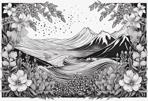 ocean wave surrounded by lupin and fireweed tattoo idea