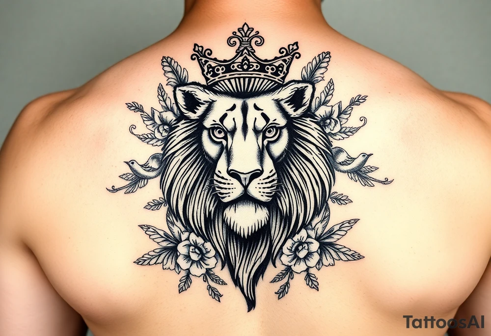 powerful majestic lion with a crown, surrounded by floral ornaments and birds tattoo idea